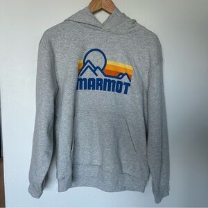 Marmot Light Gray Hoodie with Blue Logo and Sunset Stripe Medium NWOT